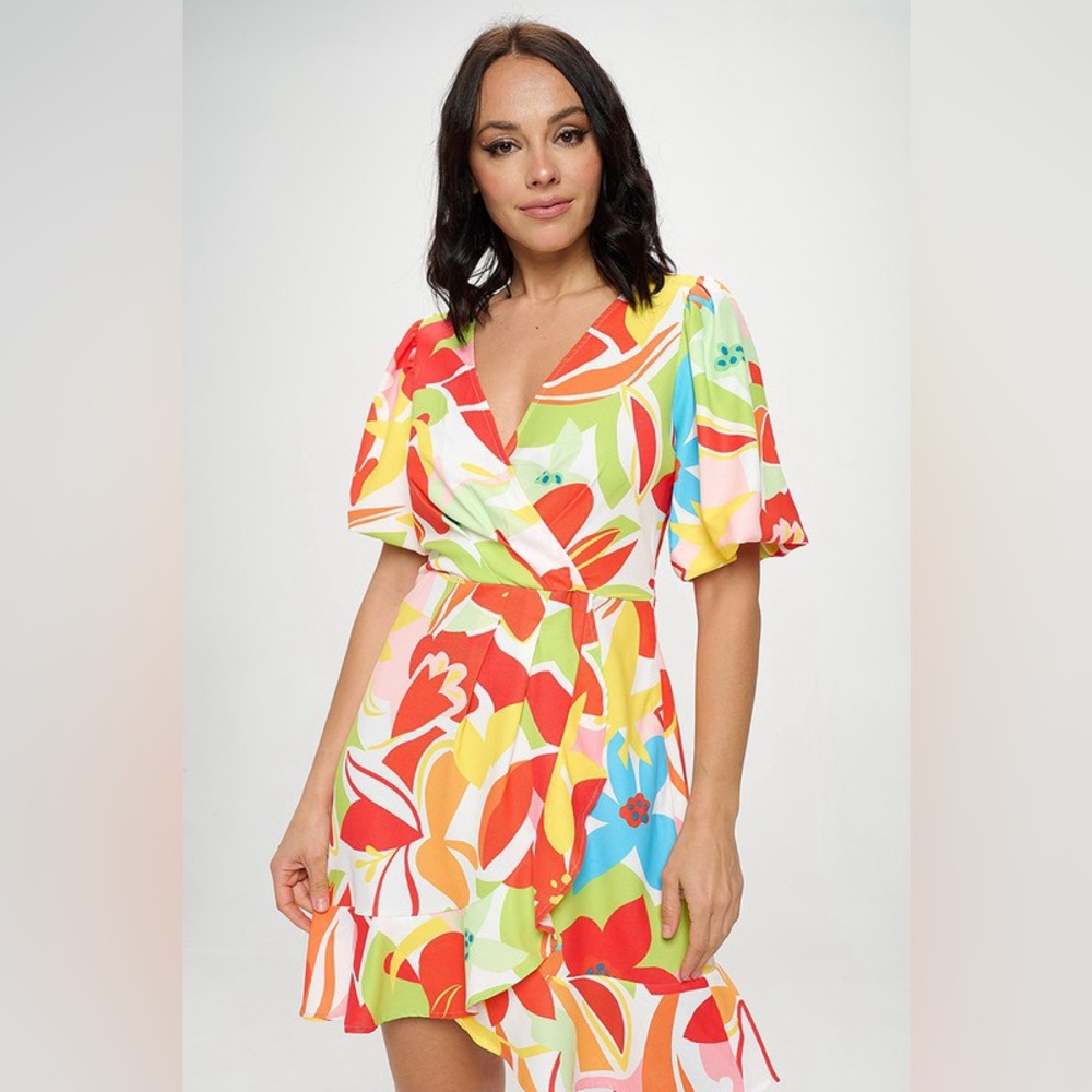 Vibrant Multi-Color Wrap Mini Dress with Ruffle Hem - Picture 2 of 5